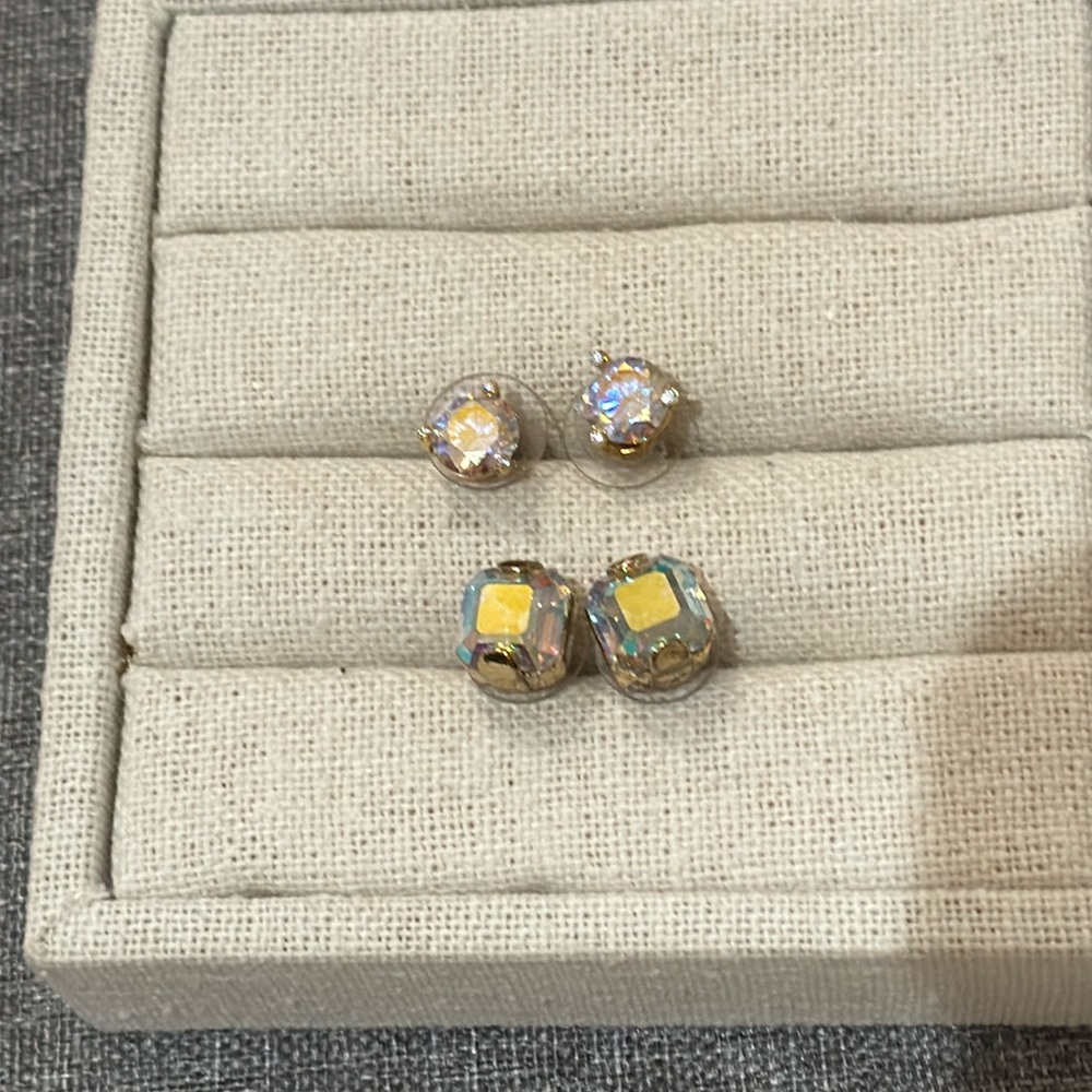 Two pairs of gold tone Aurora borealis stud earrings